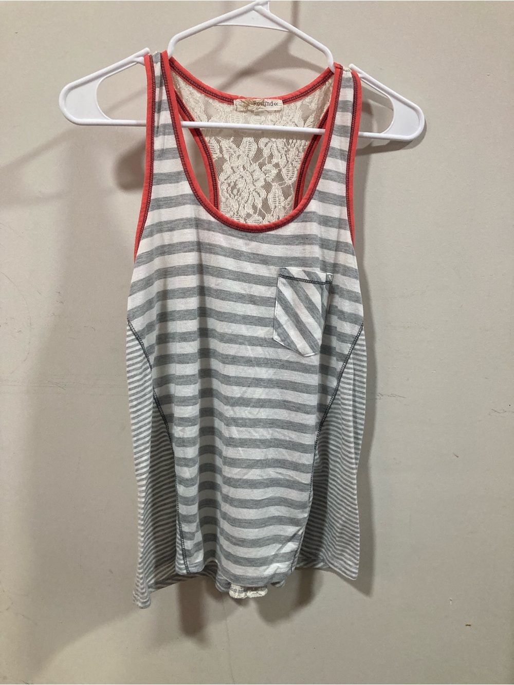Rewind Gray & Coral Trim Striped Lace-Back Tank